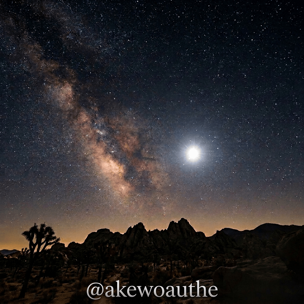 Milky Way over rugged desert mountains with a bright star